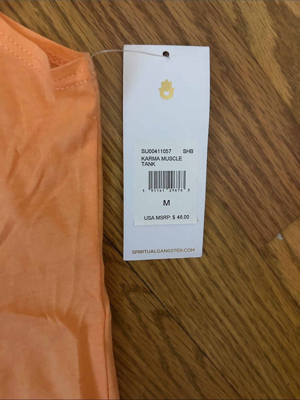 Spiritual Gangster Peach Muscle Tee with Blue Graphic Text - Picture 2 of 3